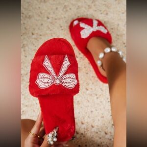 ✨Red Furry Slippers with Rhinestone Bow 💋